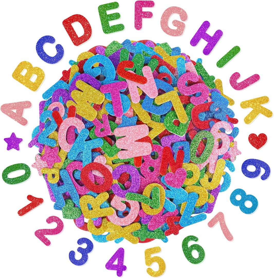 616 Pcs Letter Stickers Glitter Foam Stickers,1 inch Alphabet Number Self-Adhesive ABC Heart Star Foam Letter Sticker for Kids DIY Art Crafts Scrapbook Supplies School Project Classroom Decor,8 Colors