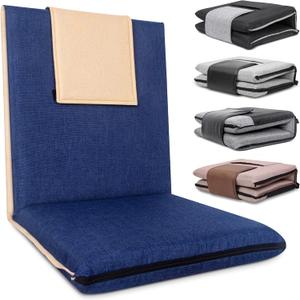 14-Position Adjustable Floor Chair with Back Support - Portable Gound Seating for Adults & Kids, Foldable Meditation Chair with Japanese KOYO Bearings & Washable Linen Cover (Blue)