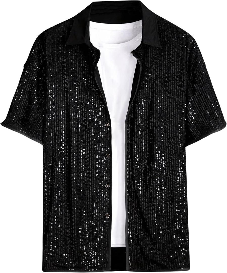 OYOANGLE Men's Sequin Shiny Button Down Shirt Short Sleeve Collared Shirts Party Holiday Tops (Medium, Black)