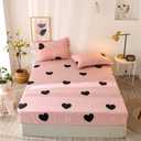 Girls Cute Heart Pattern Fitted Sheet for Kids Queen Size Lovely Pink Black Bedroom Decor Bed Sheet Set Girly Cartoon Love Geometric Bedding Set Children Modern Design Bed Cover with 2 Pillow Case