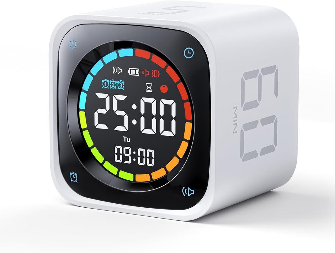 Ticktime TK3 Pomodoro Timer Cube, Productivity Timer, 5/10/30/60 Min Presets, Custom Countdown, Stopwatch & Clock, Triple Alarms, Silent/Vibration/Sound Alerts, Rechargeable for ADHD Study Task, White