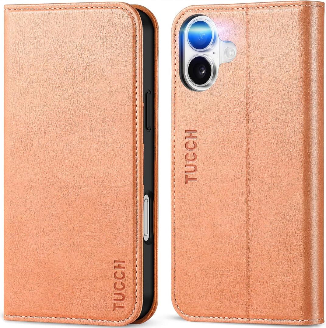 TUCCH Case for iPhone 16 Plus, PU Leather Folio Wallet with [Kickstand] RFID Blocking 3 Card Slots Flip Book Cover [Protective TPU Interior Case] Compatible with iPhone 16 Plus 2024, Peachy Pink