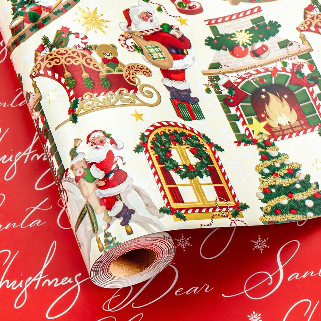 Homeral Christmas Reversible Wrapping Paper Roll - Vintage Santa Claus Rides Horse, Fireplace & Red Letters Design for Christmas, New Year Celebration - Mini Roll - 17 Inch x 33 Feet (Retro Silver Santa)