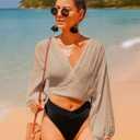 Women's Swimwear Cover Ups Tops Tunic Self-tie Swimsuit Bikini Bathing Suit Long Sleeve Soft Beach Shirt for Women