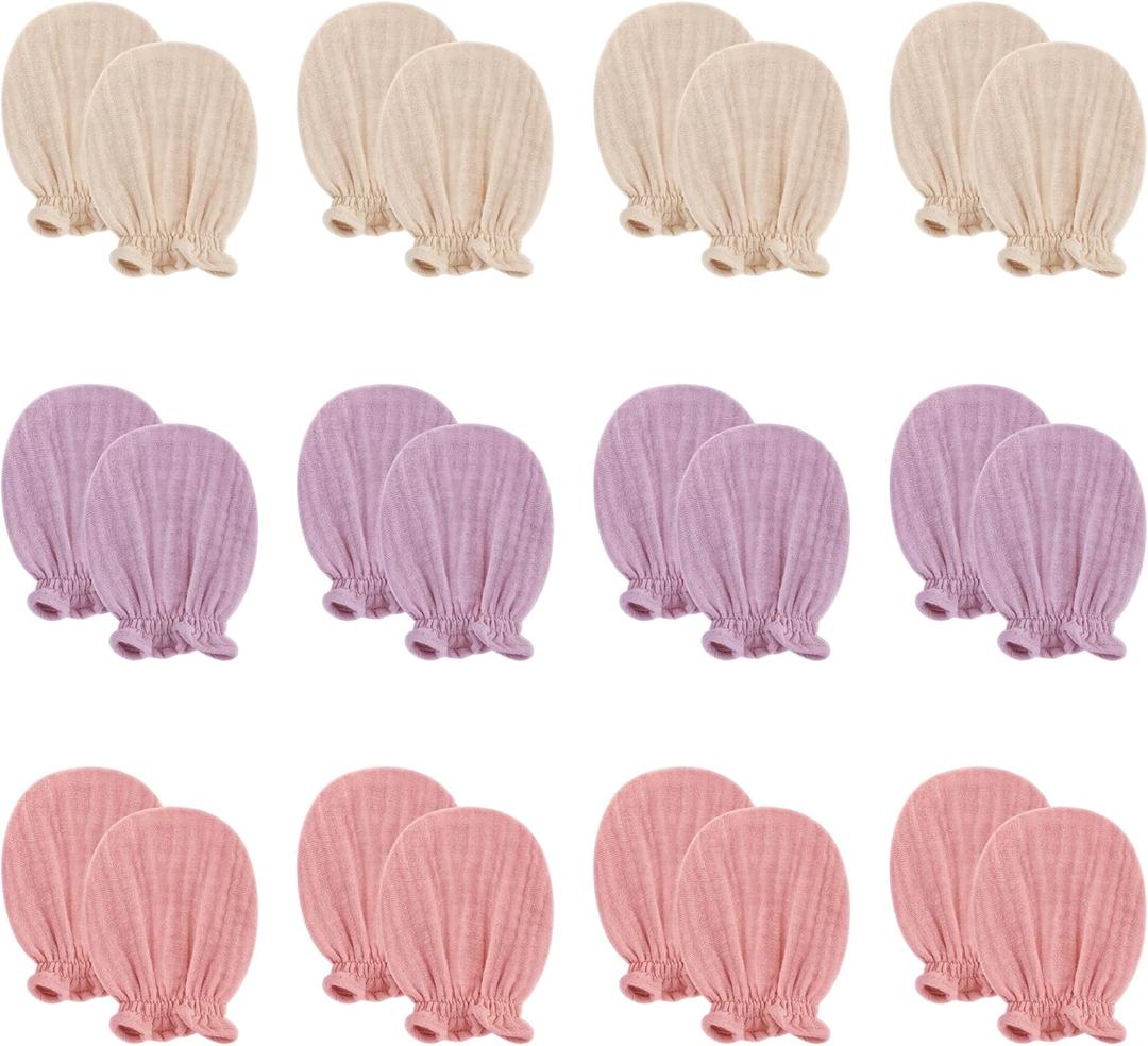Pro Goleem Muslin Baby Mittens for Newborn, 100% Cotton No Scratch Soft Breathable Gloves for Boys and Girls 0-6 months (Pink Purple Beige 12)