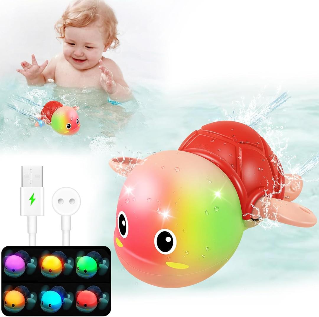 Gigilli Rechargeable Swimming Turtle Bath Toys, Toddlers 1 2 3 Year Old Boy Girl Gifts Christmas Stocking Stuffers, Baby Bath Toys for Kids Ages 1-3 Light Up Bathtub Water Toys, Comes with Batteries (Pink)