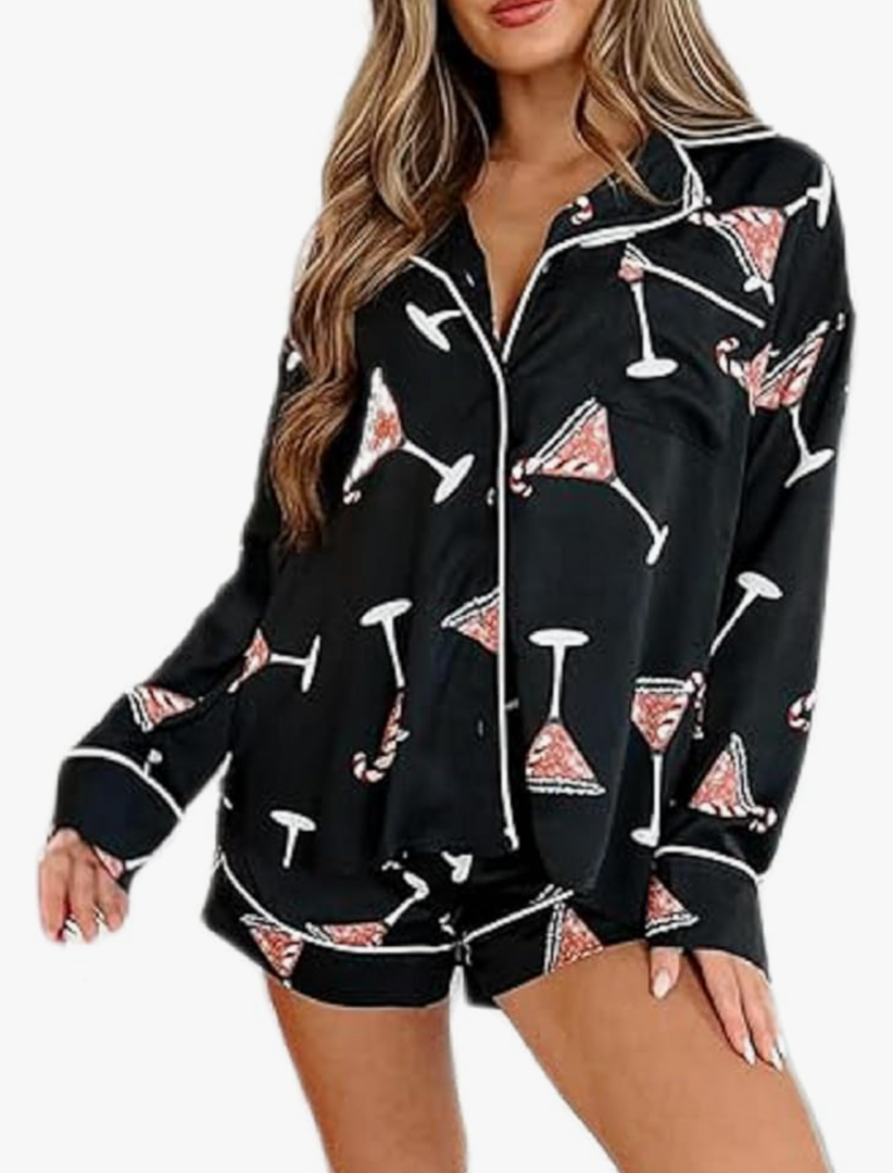 UFIWI Women Christmas Pajamas Pjs Set Cute Santa Colorful Pj Long Sleeve Shirt Lounge Shorts 2 Piece Holiday Sleepwear L