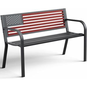 Outdoor Bench, Sturdy Metal Garden Bench with Classic Stars and Stripes Design Metal Backrest, 2-Person Patio Bench for Outside Seating, Cast Iron Steel Porch Yard Lawn Furniture, Red