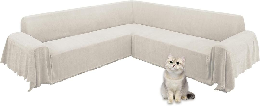 ALIECOM Corner Sectional Couch Covers L Shape Sofa Cover with Tassel Chenille Soft Thick U Shaped Sectional Slipcovers Washable Furniture Protector for Pets Dogs Cats (Light Khaki, 91x275 Inch)