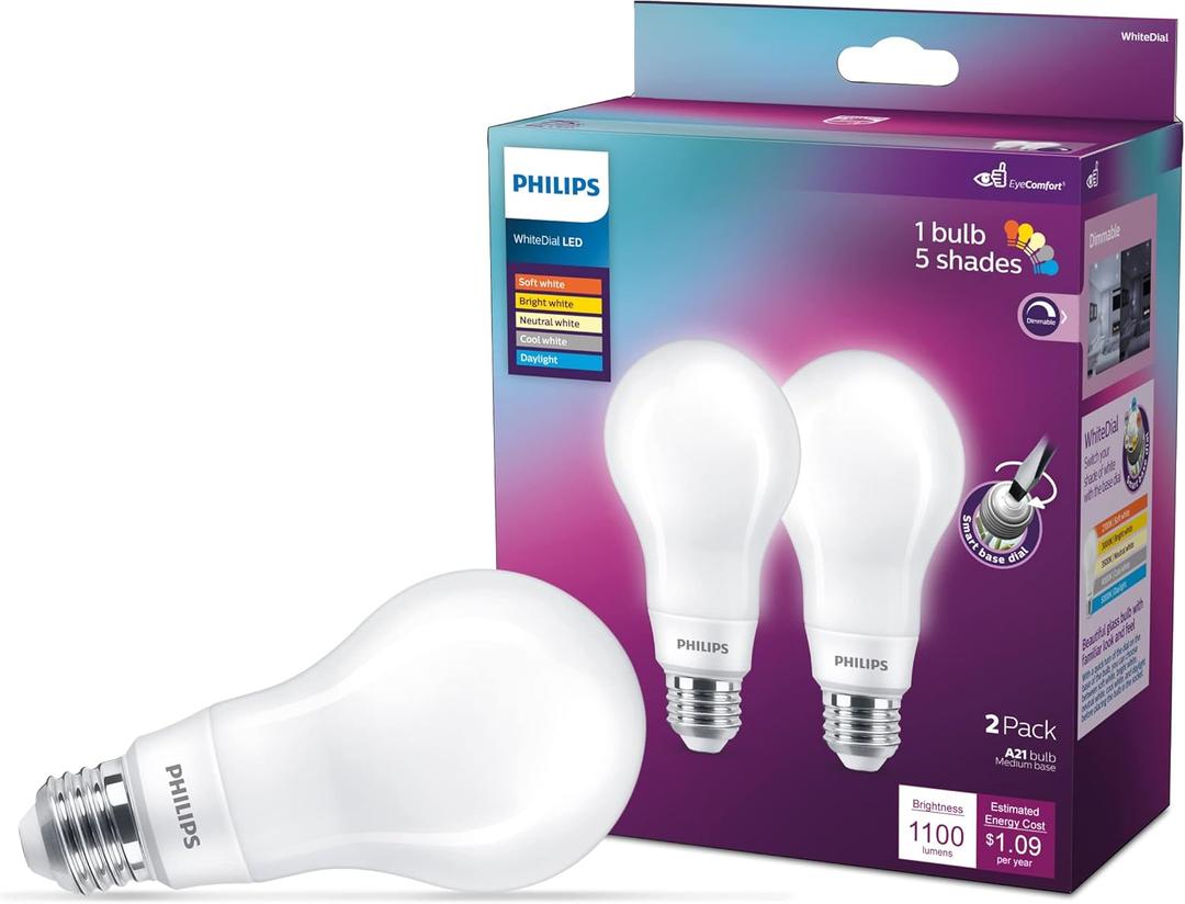 Philips LED 100W A21 2-Pack WhiteDial Multi-CCT (5000K) 1600 Lumen (11.5W = 100W) Dimmable Frosted Flicker-Free Light Bulbs