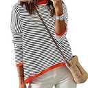 ZESICA Womens Spring Striped Sweaters Long Sleeve Crew Neck Shirts Color Block Lightweight Pullover Tops, Black, Size X-Large