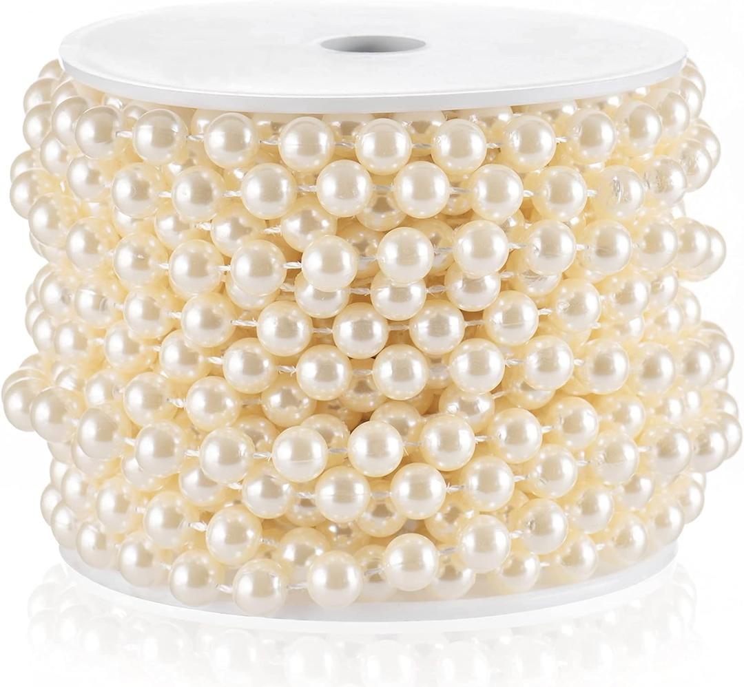 Craft String Pearls 8MM Pearl Bead, 33 Feet Ivory Faux Pearl Garland Spool Roll Strand Wedding Party Decoration, Christmas Tree Decorations