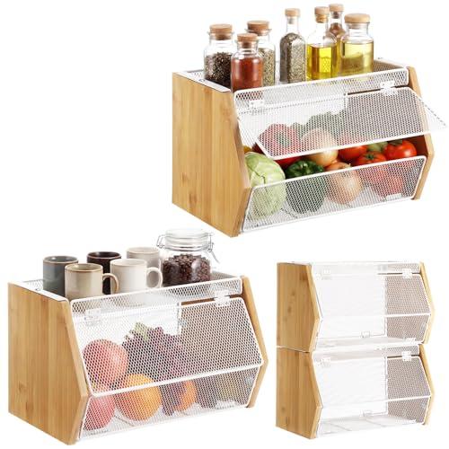 Acellegic 2 Pcs Stackable Mesh Fruit Basket with Lid, Wall Mounted Fruit Basket Snack Onion Potato Storage Container for Vegetable Produce Kitchen Counter Bathroom(White)
