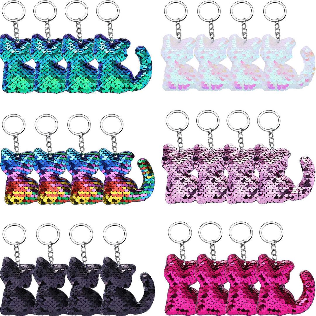 Blulu 24 Pieces Flip Sequin Cat Keychains Cat Style Shape Keyring for Kitties Birthday Party Valentines Favors Decorations Supplies (One Size)