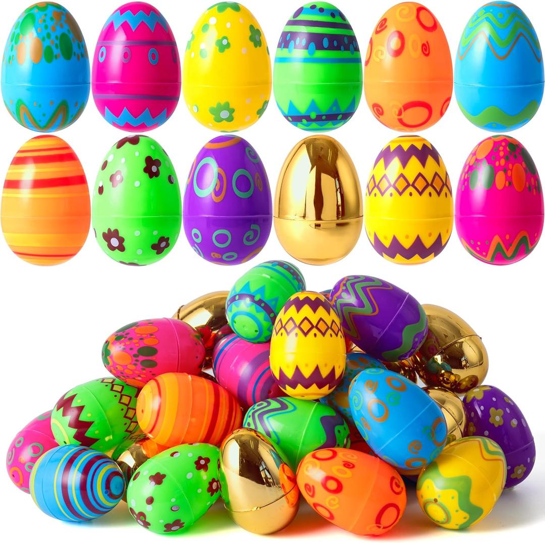 JOYIN 64 Pcs 3.15" Colorful Printed Eggs Include 8 Golden, Plastic Fillable Empty Eggs for Easter Hunt, Basket Stuffer Filler, Classroom Prize, Party Favors