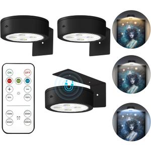 3Pcs Picture Lights for Wall Battery Operated, Magnetic Led Painting Light with Remote Dimmable and Timer, 3 Lighting Modes Art Display Light for Picture Frame, Wireless Wall Decor Puck Lights, Black