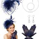 1920s Vintage Fascinators Hat Set for Women Tea Party Hats Veil Mesh Feather Headband Lace Gloves Set (Blue)