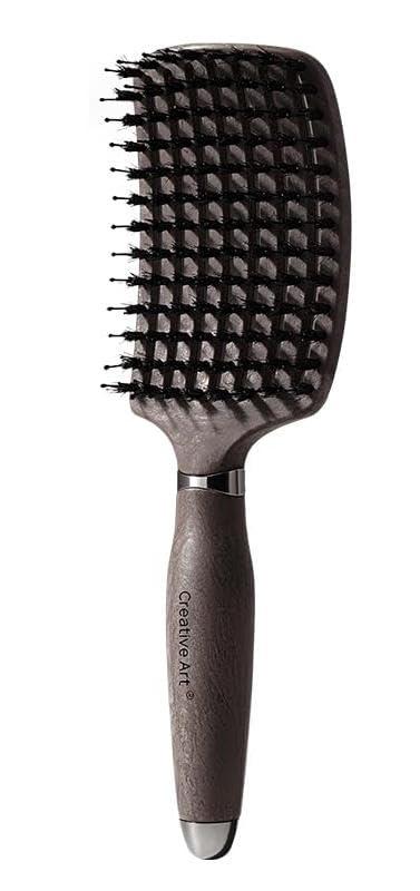 Boar Bristle Hair Brush for Women, Curved Vented Detangling Brushes for Wet& Dry Hair, Styling Paddle Massage Hairbrush for Slick Back, Volume and Shine,Ergonomic Handle for Comfortable Grip, Brown