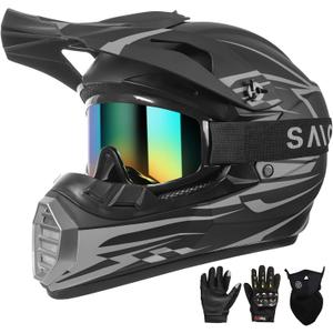 DOT Approved Youth Kids Motocross Helmet - Ultra-Lightweight Full Face Dirt Bike/ATV Helmet with Goggles, Gloves & Face Shield (4-Piece Set) (Gray, Medium)