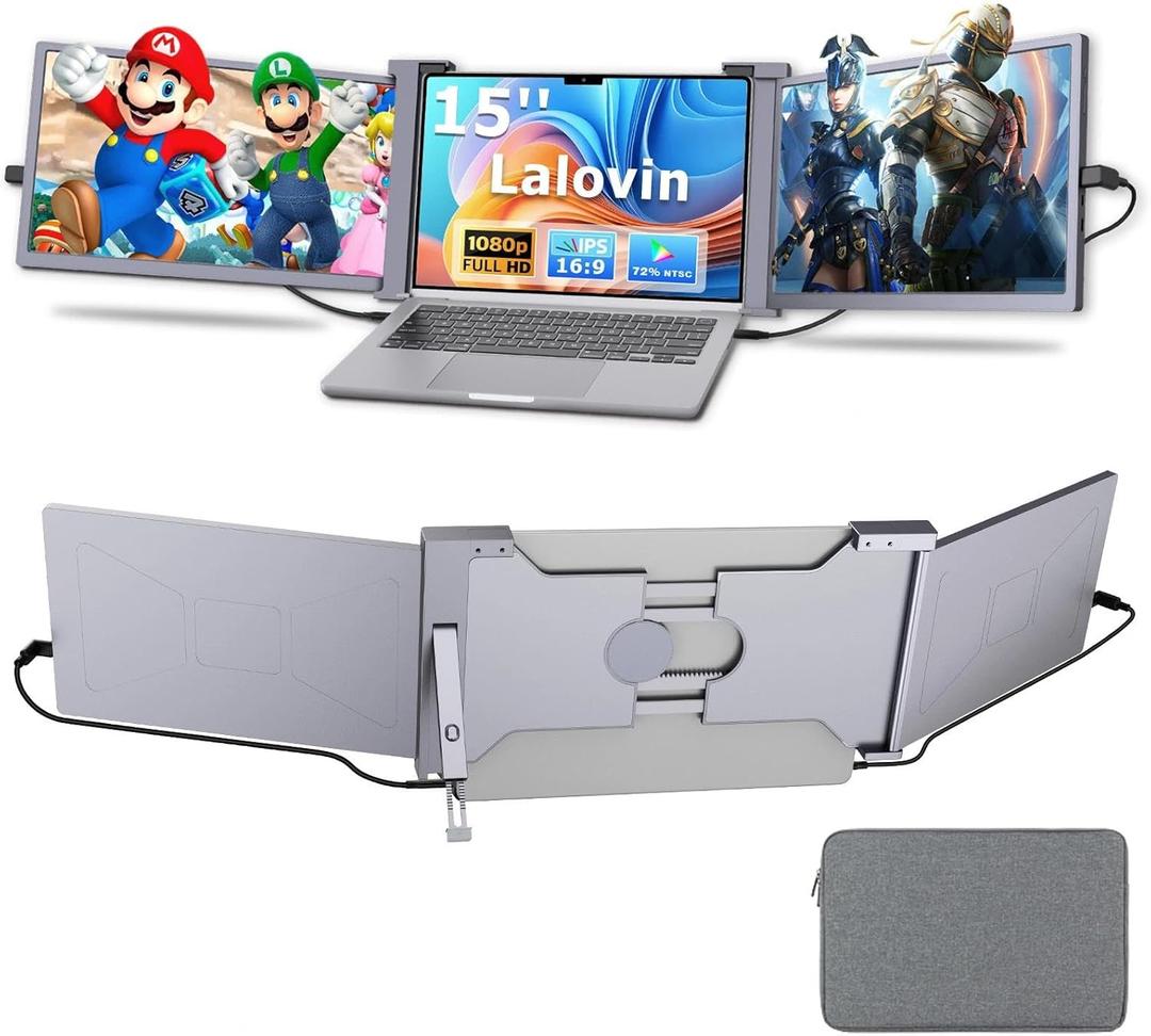 15" Laptop Screen Extender, 1080P FHD IPS Triple Portable Monitor for 15"-17.3" Laptop, Plug & Play Monitor Extender with USB-C/HDMI Port for Mac/Windows/Chrome/Android, Gray