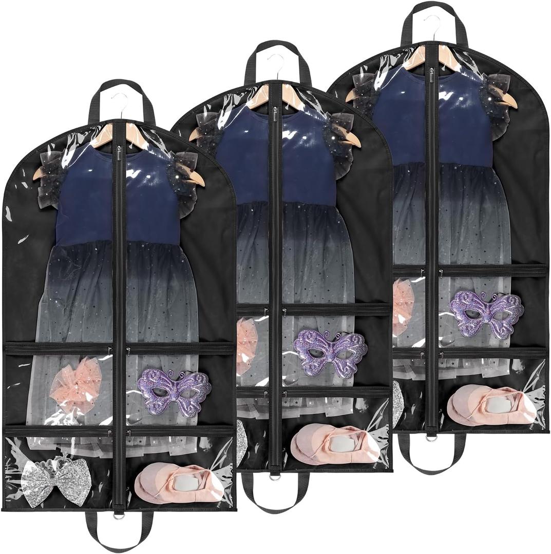 LOVEGRASS Kids Garment Bag for Dance Costumes, 40" Dance Garment Bags for Dancers with 4 Clear Zipper Pockets, Foldable Dance Competition Garment Bags for Hanging Clothes, 3 Pack, Black