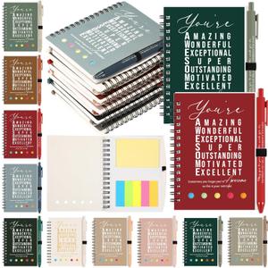 Jetec 100 Pcs/50 Sets Motivational Spiral Notebook with Sticky Notes Pen Bulk Boho Inspirational Journals Valentine Employee Appreciation Thank You Gift for Teacher Coworker Staff Team (Earth Tone)