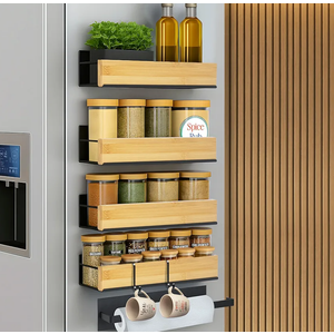 4 Pack Magnetic Spice Rack for Refrigerator – Strong Magnetic Shelf for Fridge, 4 Large Spice Organizers, Paper Towel Holder & 8 Hooks – Kitchen Storage by Home Haven.