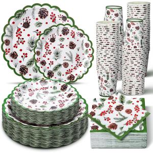 Domensi 250 Pcs Christmas Party Supplies Holly Leaf Berries Christmas Paper Plates and Napkins Cups Disposable Plates Napkins Tableware Set for 50 Guests for Xmas Winter Holiday Decoration