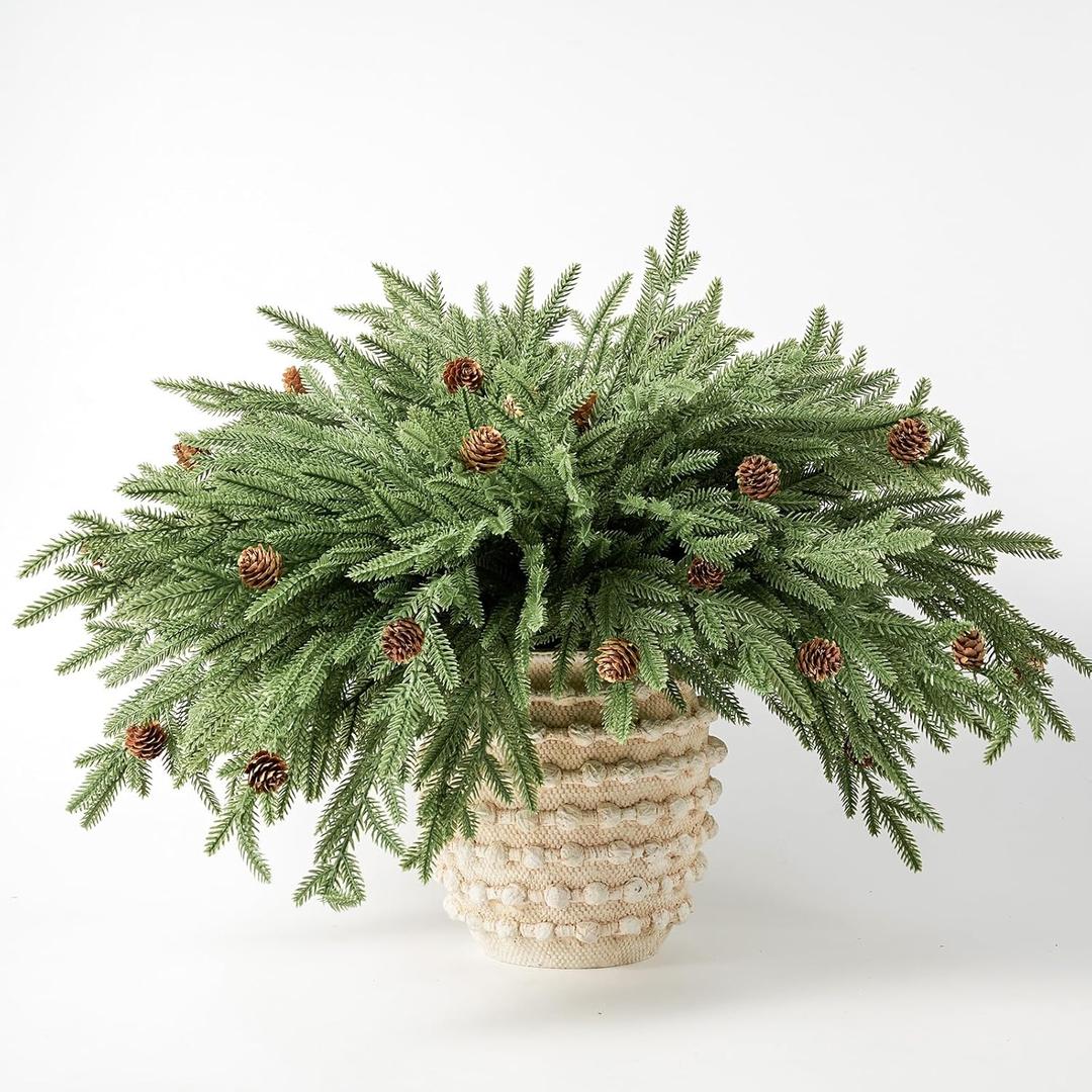 DN DECONATION Artificial Christmas Norfolk Pine Stems, Faux Pine Branches with Cones 22.4" 12PCS - Greenery Fake Pine Needles for Vase Arrangements, Winter, Holiday Indoor Outdoor Home Decor (Set of 12, Green and Brown57)