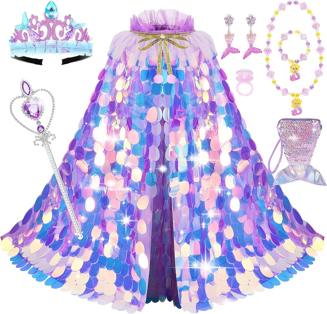 Princess Dress Up Toys Princess Dress Up Clothes Rainbow Mermaid Cape Kit 9 Pcs Gift Set for Little Girls 3-8 Years (4 - Rainbow Purple)