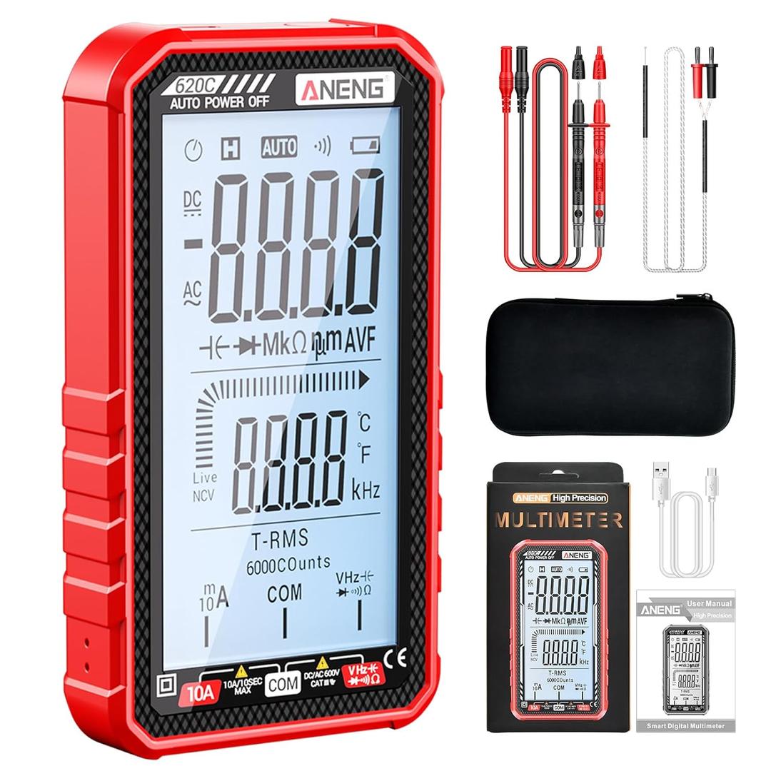 Digital Multimeter Tester, Smart Multimeter with Auto Ranging Digital Voltmeter Measures Voltage Current Resistance Continuity Capacitance Temperature for Electricians,DIY (620C Red)