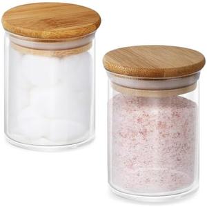 2 Pack Glass Jars with Bamboo Lids - Airtight Bathroom Storage Containers for Organization, Decor & Kitchen Pantry - 7.6oz Small Jars, Eco-Friendly Bath & Kitchen Accessories