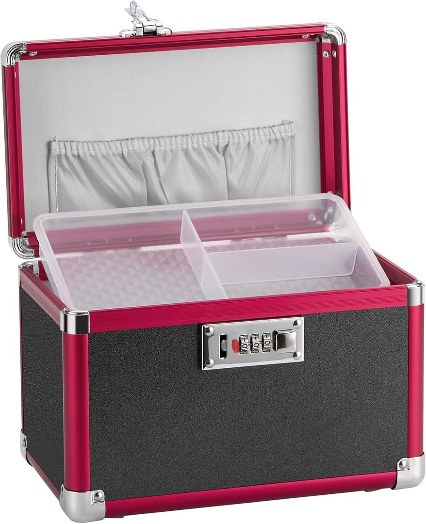 LOCKCURX Medication Lock Box, 10x6x6.7 Inch Aluminum Alloy Medication Safe, First Aid Box with Detachable Tray & Travel Pouch, Childproof & Privacy Medicine Box for Home, Travel, Dorm (Black)