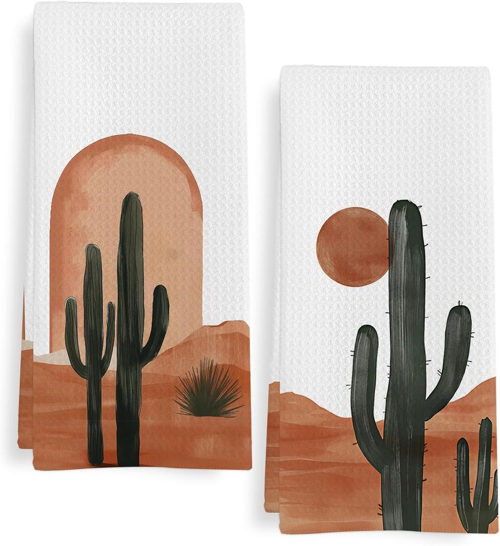Boho Southwest Cactus Kitchen Towels Set of 2, Vinatge Western Dish Tea Towels for Kitchen, Southwestern Boho Sun Decorative Hand Towel for Bathroom, Western Bathroom Decor, 16x24 Inch