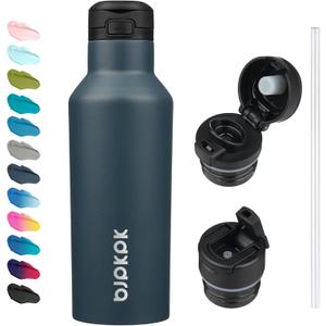 BJPKPK Insulated Water Bottle With Straw 17oz Stainless Steel Water Bottles With 2 Lids And Carry Handle Reusable Travel Metal Thermo, Navy Blue