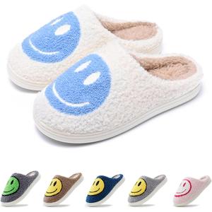 rosyclo Smile Face Slippers Retro Soft Plush Cozy House Slippers Slip-on Fluffy Indoor Outdoor Smile Slippers for Women and Men (7.5-8.5 Women/7-8 Men, White-blue (40-41))