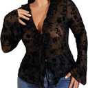 Floral Lace Sheer T Shirt Tie Front Long Bell Sleeve Tee Going Out Tops, Size  XS
