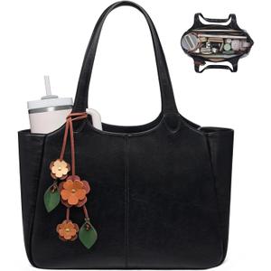 LOVEVOOK Tote Bag for Women, Leather Vintage Work Bag with 40oz Cup Holder,Nurse Teacher Shoulder Bag,Roomy,6 Pockets