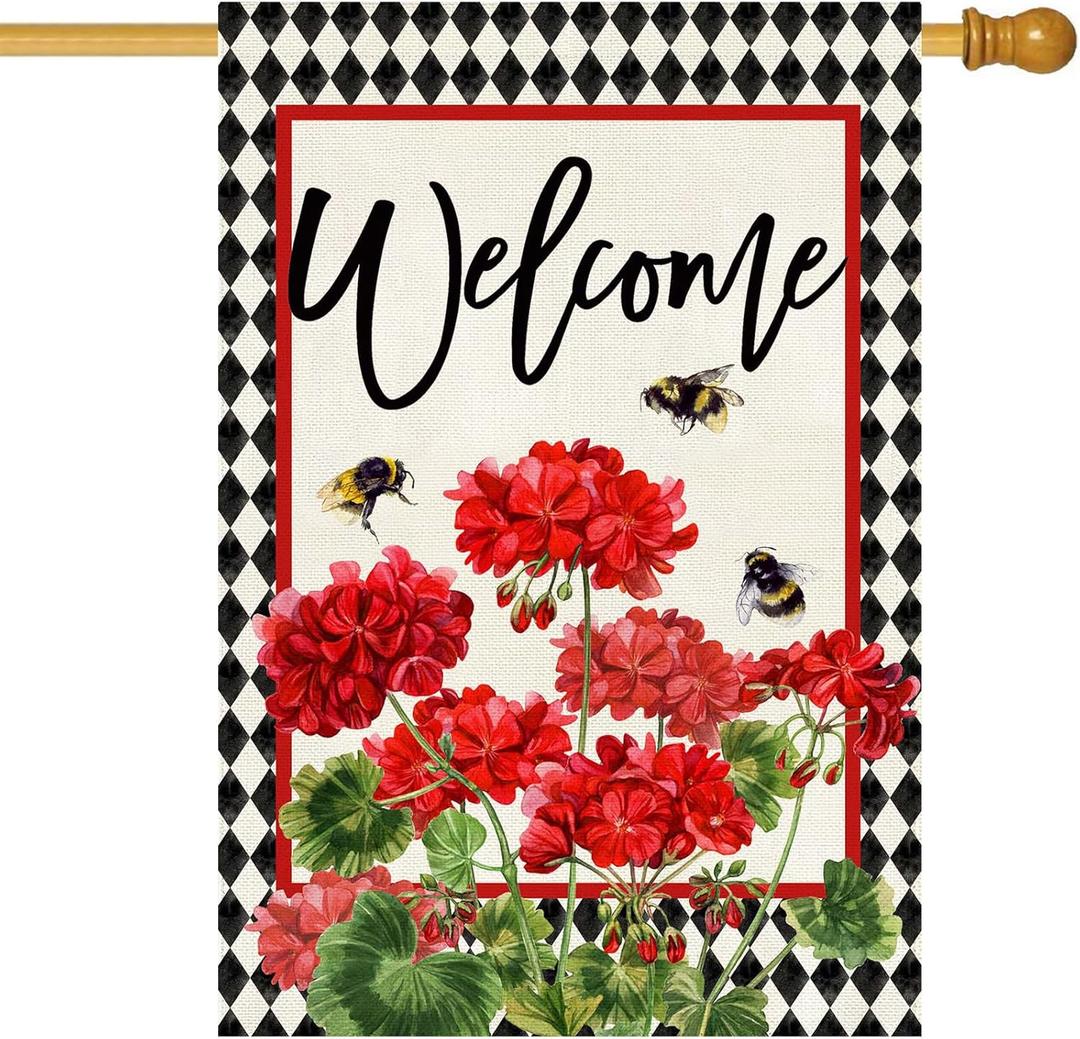 Baccessor Spring Summer Geranium Welcome House Flag Double Sided Summer Bee Red Floral Buffalo Plaid Burlap Large Flag House Seasonal Farmhouse Outside Outdoor Decoration 28 x 40 Inch