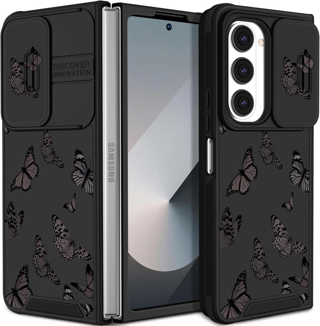 Funermei for Samsung Galaxy Z Fold 6 Case - Women Girls Cute Phone Cover Girly Pretty Aesthetic Black Butterfly Unique Design with Camera Cover Funda for Samsung Fold 6 Case