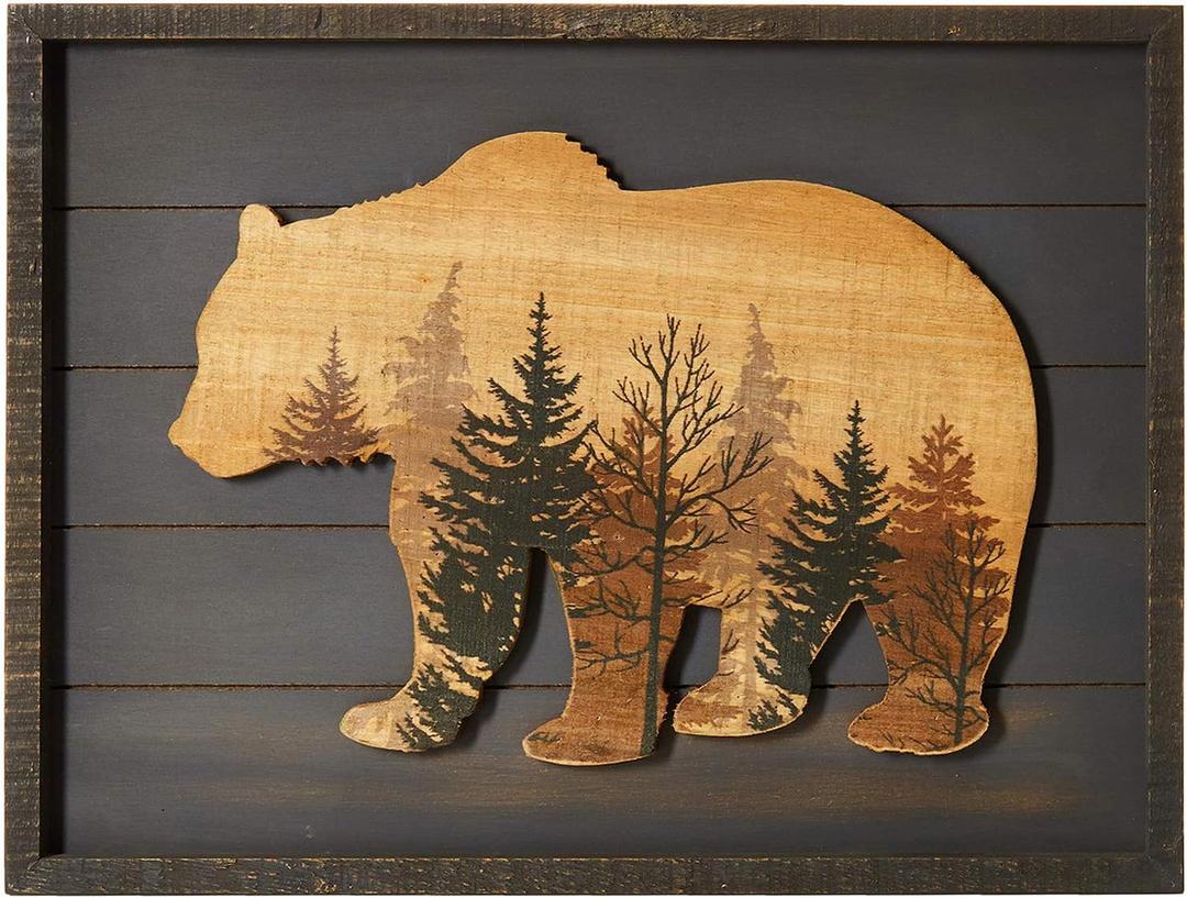 NIKKY HOME Cute Bear in The Forest Woodland Decorative Wood Framed Wall Art Prints Cabin Decor, 16" x 12", Dark Slate Grey