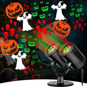 Nielfoi Upgraded Halloween Projector Lights Outdoor, Double Head Dynamic Projector Lights Indoor, 360 Rotating Waterproof Pumpkin Ghost Skeleton Bats Projection Light for Yard Window Party Decor