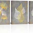 Conipit Grey and Yellow Canvas Wall Art Abstract Leaf Painting Botanical Pictures Minimalist Artwork Prints for Office Bedroom (12''X16''X3PCS)