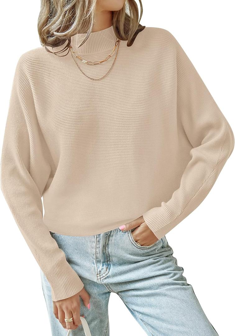 ZESICA Women's Fall 2026 Turtleneck Batwing Long Sleeve Ribbed Knit Casual Soft Pullover Sweater Jumper Top (Medium, Apricot)