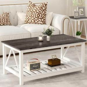 Farmhouse Coffee Table, White OakCoffee Table for Living Room, 2-Tier Rectangular Wooden Centre Cocktail Table with Slats Shelf Storage and V-Shaped Frame Modern Coffee Table Dark Oak, 21.6Dx39.4"Wx17.8"H
