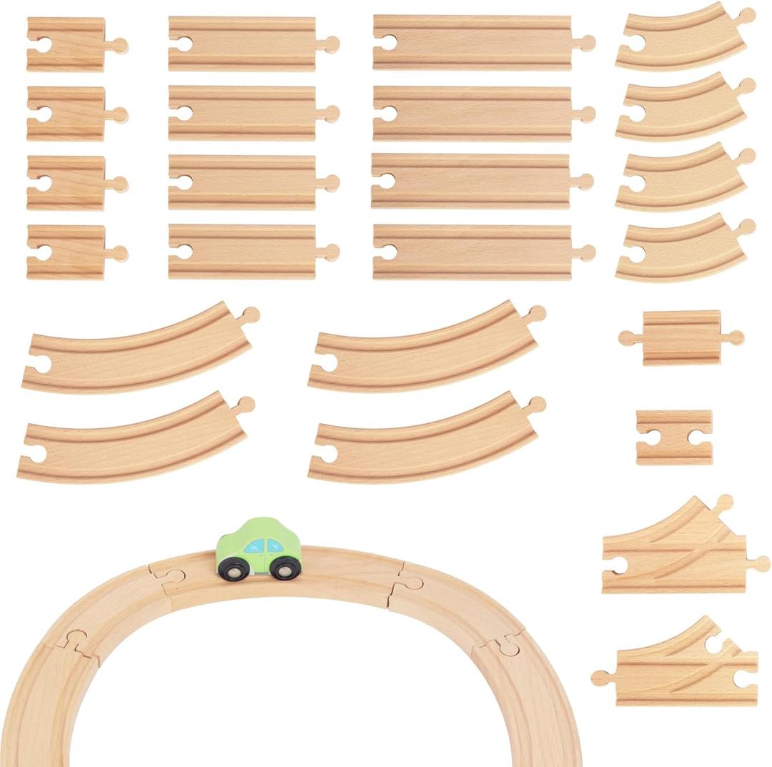 Wooden Train Tracks 24 Piece Set, Track Expansion and 9 Distinct Pieces - 100% Compatible with All Major Brands Including Thomas Wooden Railway System