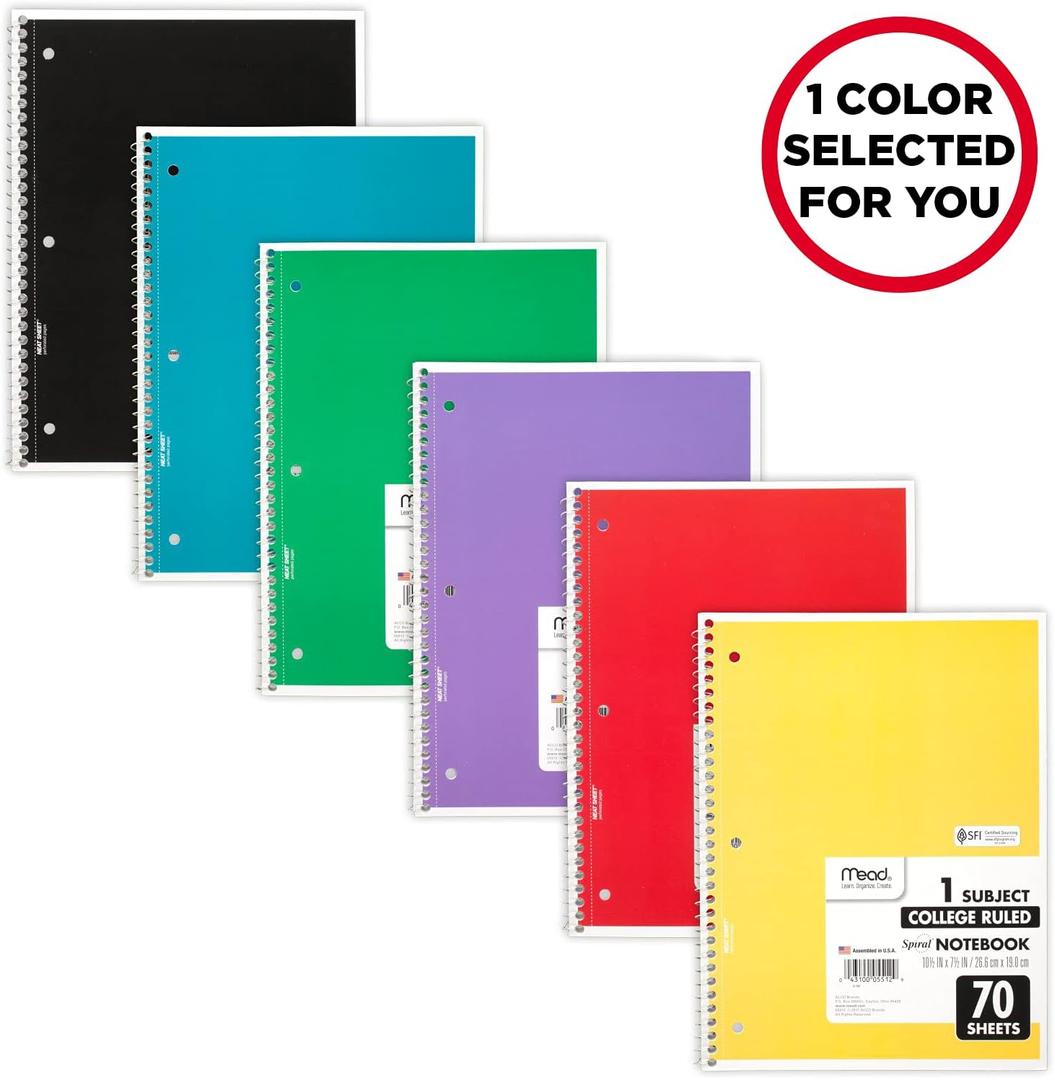 Mead Spiral Notebook, 1 Subject, College Ruled Paper, 7-1/2" x 10-1/2", 70 Sheets, Color Will Vary (05512)