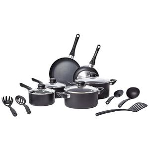Amazon Basics Non-Stick Kitchen Cookware 15-Piece Set with Stay-Cool Handles, Even Heating, Non-Induction, Includes Pots, Pans, and Utensils, Black