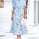 XNC Womens 2 Piece Set Fashion Fresh Plant Print Midi Dress V-Neck Half Sleeve with Jacket A-line Dresses Lounge Outfits (L)