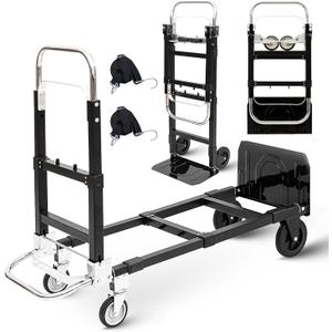 Upgraded 3 in 1 Folding Hand Truck, 600lbs Capacity, Heavy Duty Convertible Dolly with Retractable Handle and 4 Rubber Wheels, Collapsible Cart for Moving Home, Office, Warehouse (Black)